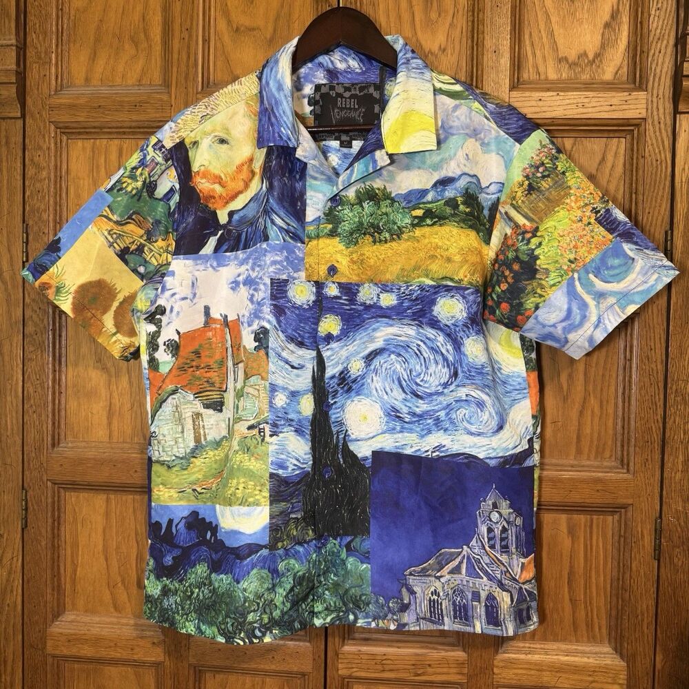 Rebel Vengeance Shirt Mens Medium Blue Starry Night Button Up Van Gogh Artsy AOP
